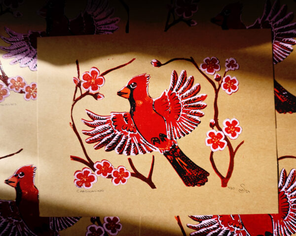 Botanical Blockprint Cardinal Cerry