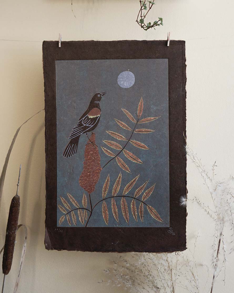 Sumac Botanical Blockprint Sumac Redwinged-Blackbird
