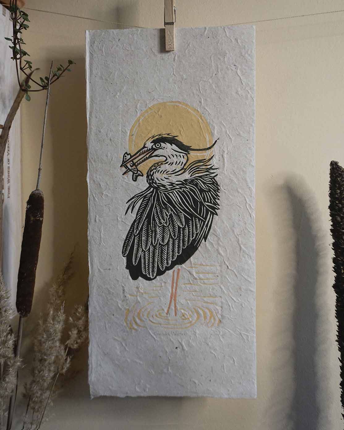 Grand Heron Hand-carved Blockprint Great Heron