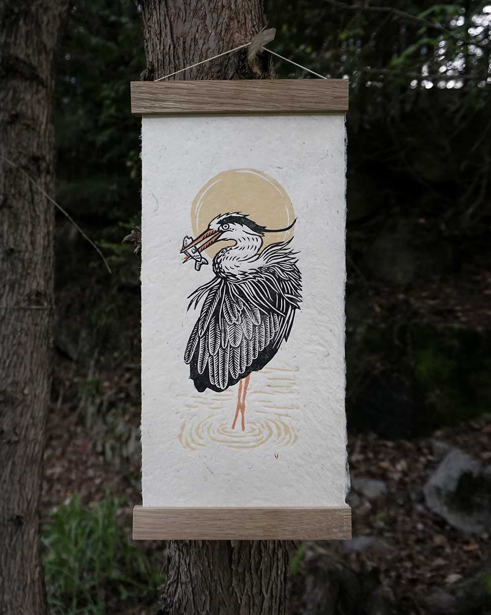 Hand-carved Blockprint Great Heron
