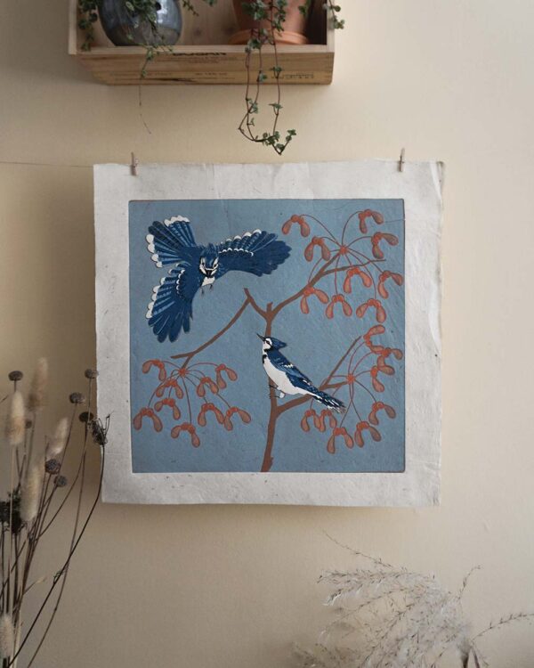 Geai Bleue Botanical Blockprint Blue Jay
