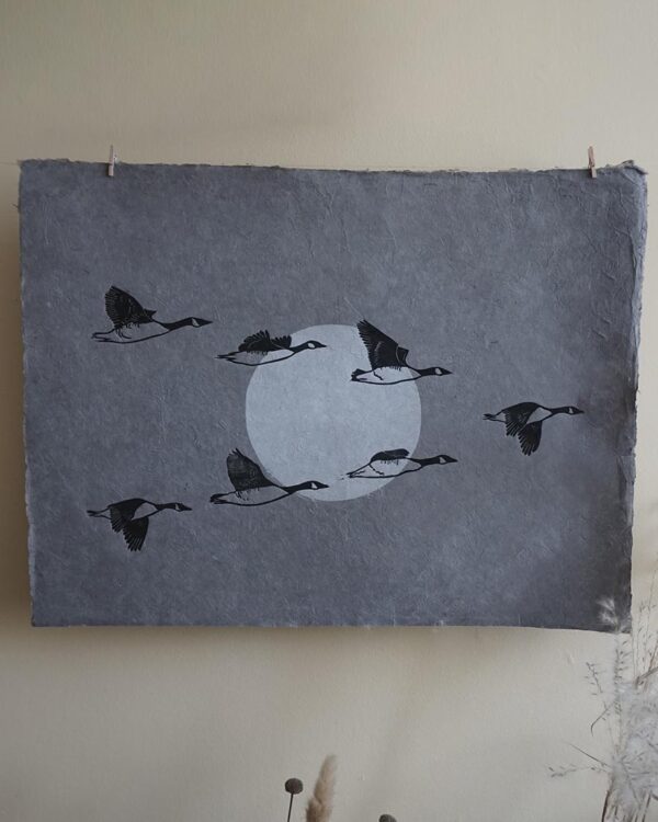 Bernaches night Blockprint Canadian Goose Migration
